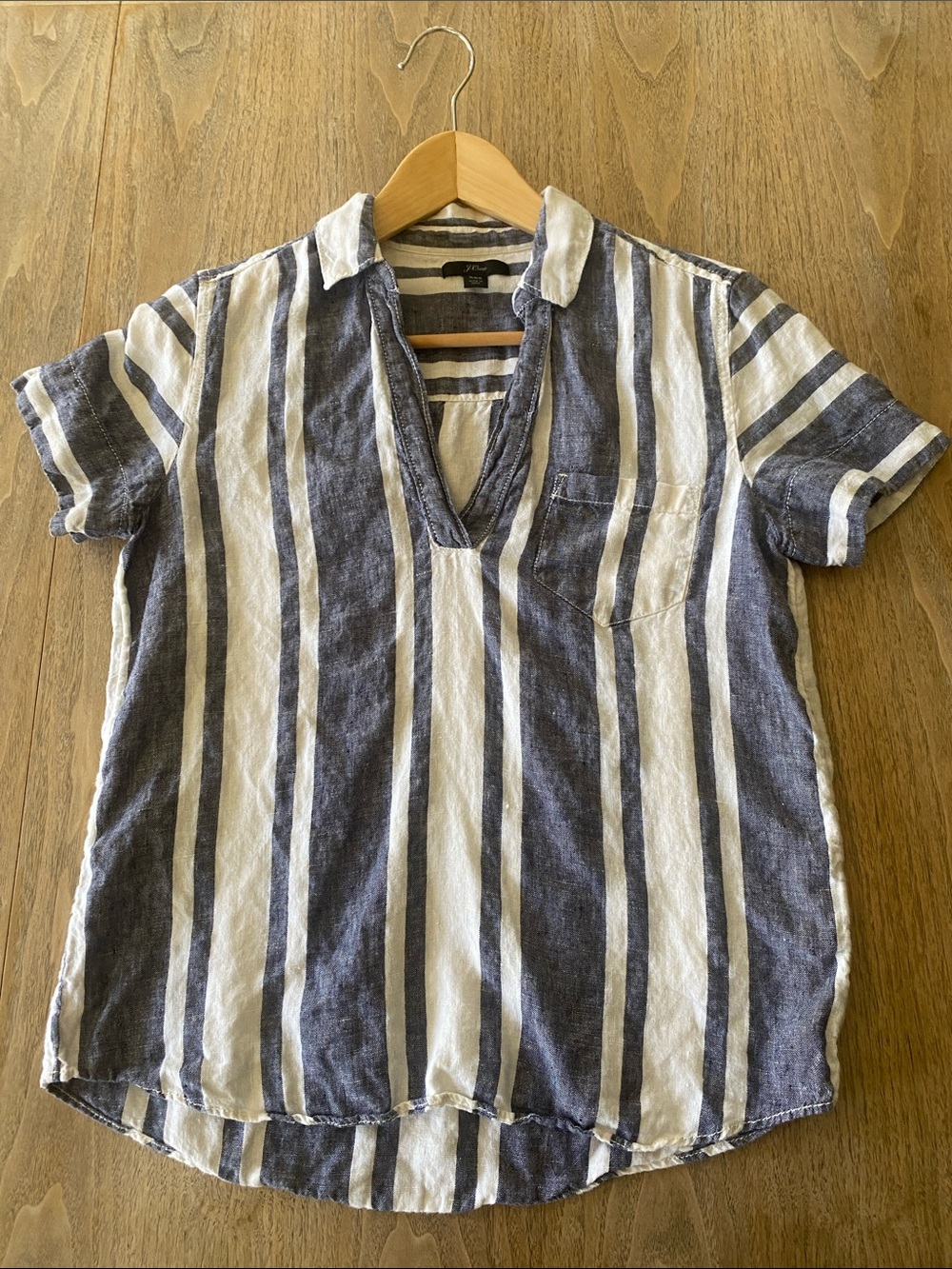 J. Crew Linen Navy and White Striped Shirt